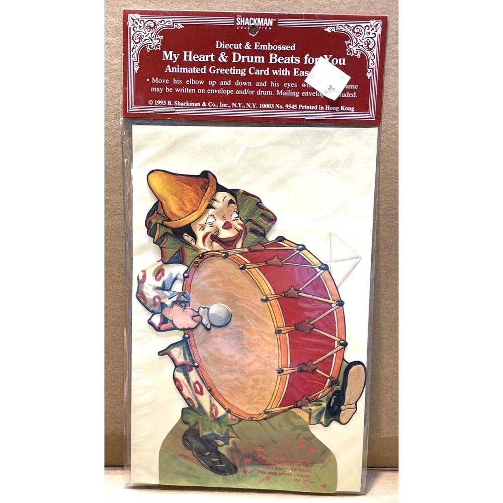 Embossed Diecut Clown Card Moving Drum Vintage with Envelope